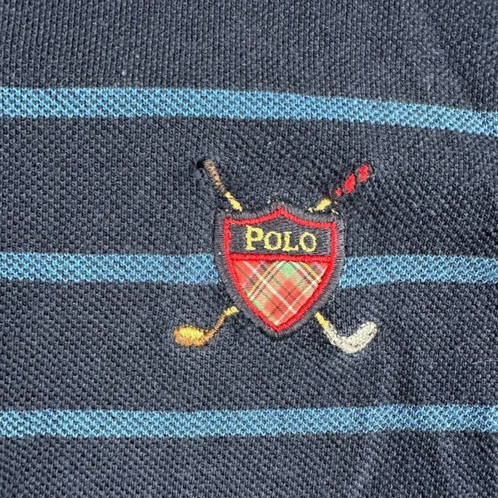 Polo Ralph Lauren Men's Navy Blue‎ Striped Golf Crest Polo Shirt Size Large